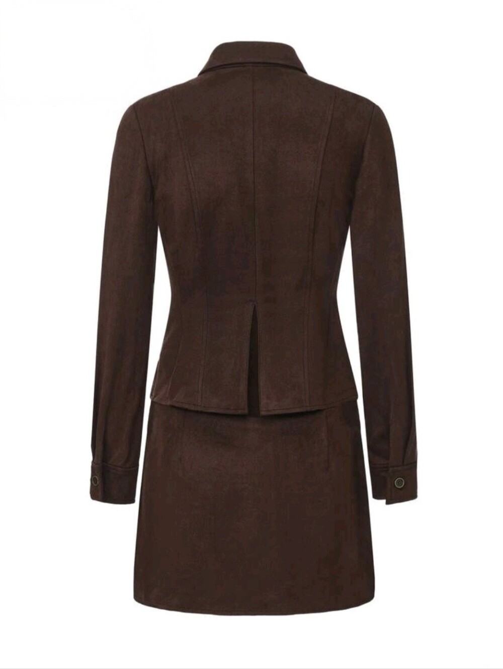 Brown Suede 2-Piece Set, Lapel Pocket Fitted Long Sleeve Top & A-Line Mini Skirt - Picture 9 of 9